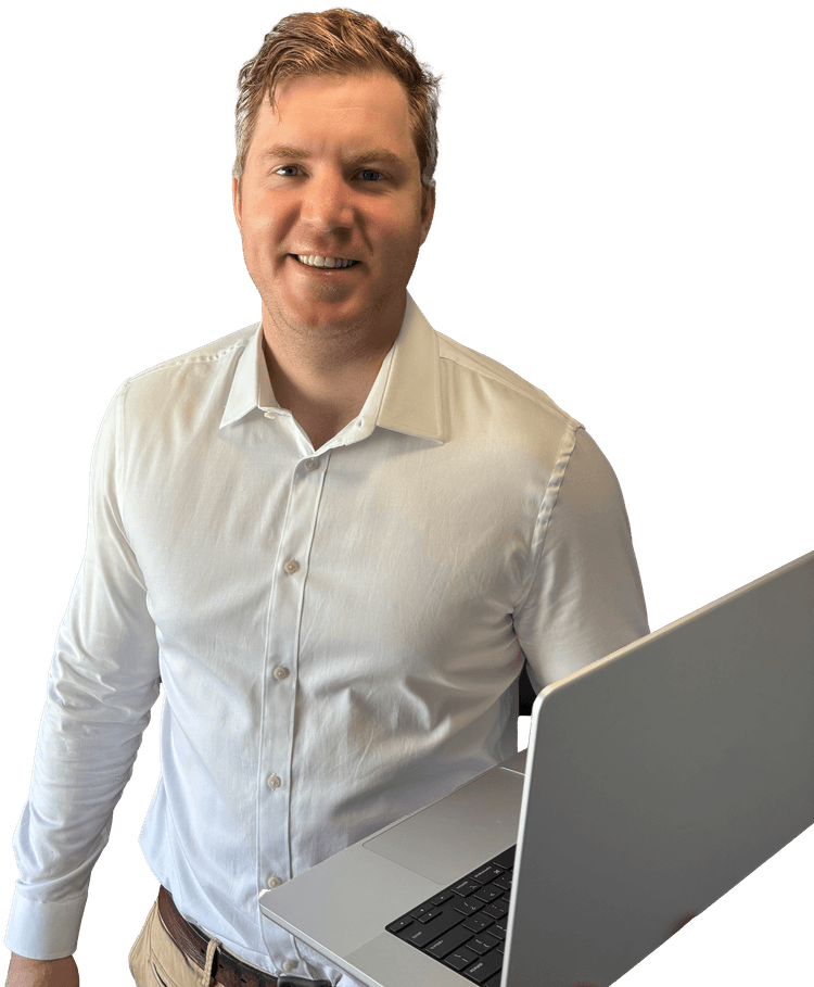 Daniel Correa presenting Next Digital Dev's AI web development services on mobile device