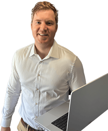 Daniel Correa presenting Next Digital Dev's AI web development services on mobile device